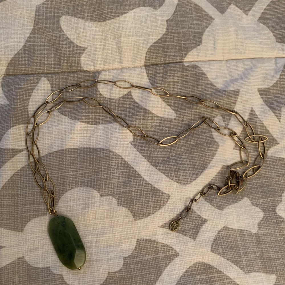 Jade green pendant with long bronze link chain